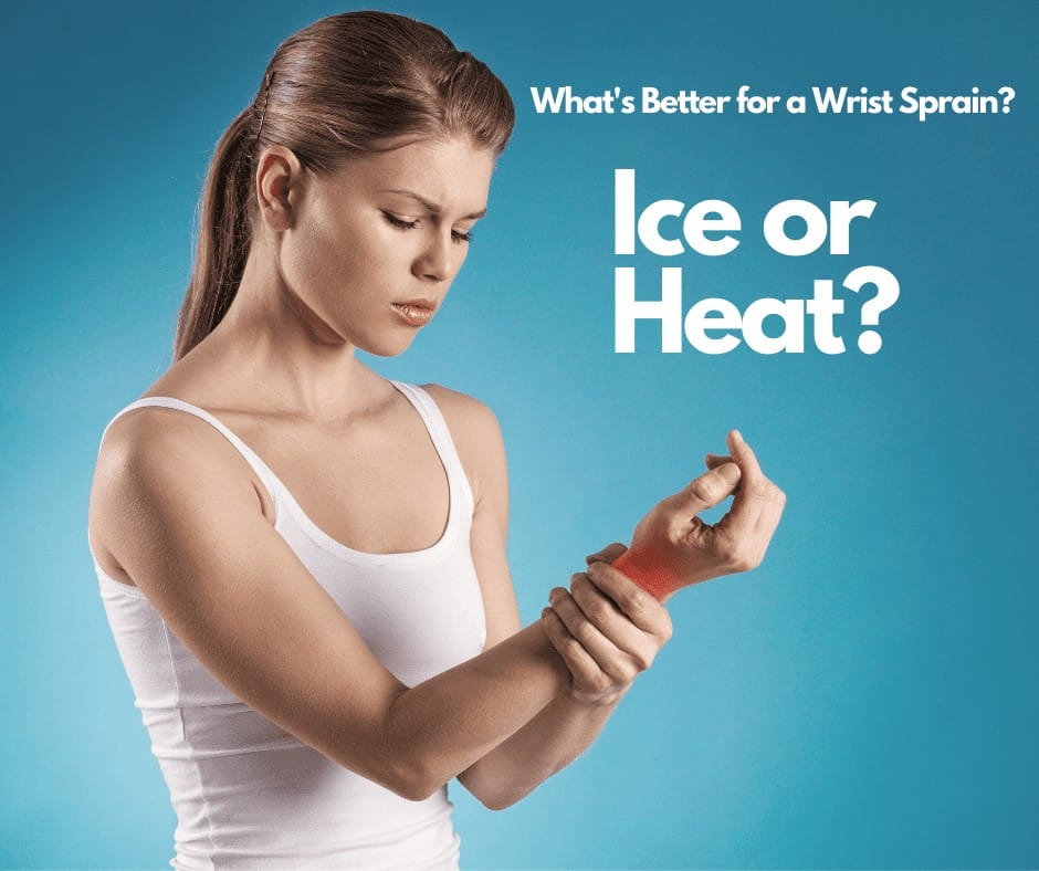 Young woman holding her right wrist wondering if ice or heat is better for her wrist pain