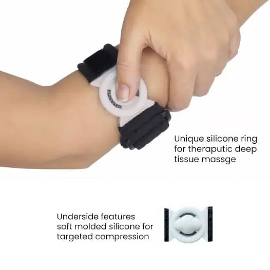 Bullseye Brace Elbow Strap on arm showing how to massage arm with silicone ring