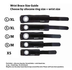 All sizes of Bullseye Brace wrist band shown together from XS to L/XL