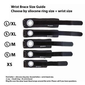 All sizes of Bullseye Brace wrist band shown together from XS to L/XL
