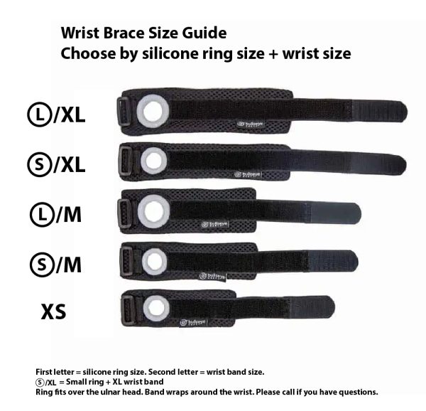 All sizes of Bullseye Brace wrist band shown together from XS to L/XL